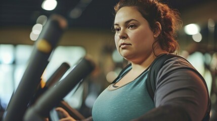 Overweight plus sized woman working out in a gym. Activity for weight loss. - obrazy, fototapety, plakaty