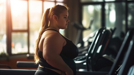 Fototapeta na wymiar Overweight plus sized woman working out in a gym. Activity for weight loss.