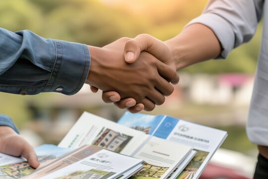 person shaking hands with agent over brochures