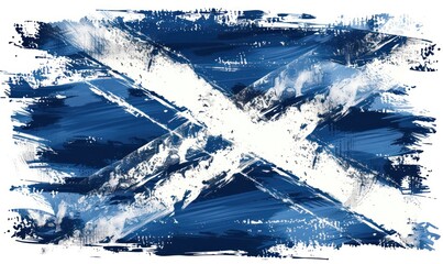 Grunge painted Scotland flag. Template for invitation, poster, flyer, banner, etc. Abstract watercolor splashes flag of Scotland. Saint Andrew day concept.