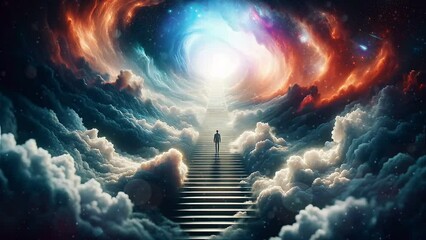 Person ascends a stairway through clouds towards a bright, celestial vortex, symbolizing a journey to enlightenment amidst a cosmic backdrop.