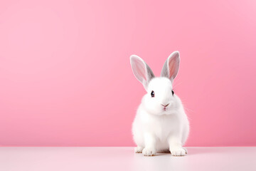 Cute white bunny on soft pink background with copy space. Fluffy rabbit isolated on pink. Funny hare for postcard