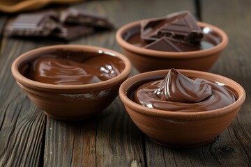 Sweet milk melted chocolate in bowls on wooden table