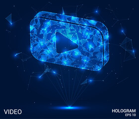 A hologram of the video. The video icon consists of polygons, triangles of dots and lines. The video player button has a low poly connection structure. Technology concept vector.