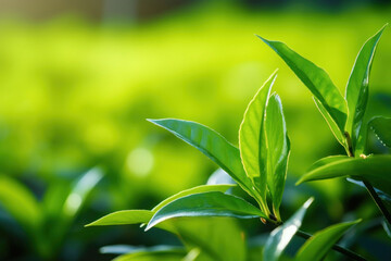 Close up of Green tea leaf in the morning, tea plantation. Green tea bud and leaves.