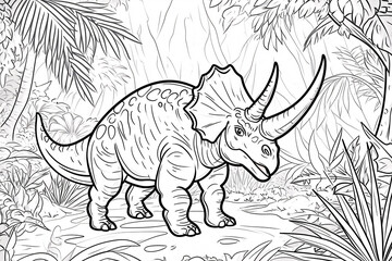 Fototapeta na wymiar Protoceratops Dinosaur Black White Linear Doodles Line Art Coloring Page, Kids Coloring Book