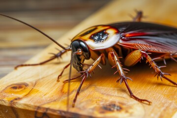 closeup of live cockroach on a wooden chopping board