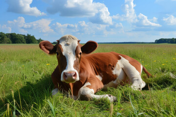 Fototapeta na wymiar Cow in the green meadow in beautiful sunshine