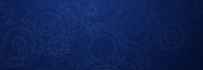 Abstract illustration with a pattern of large and small gears, in white colors on a blue background