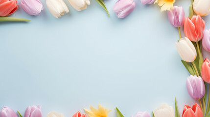 Frame of pastel colored paper tulip flowers