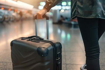 hand pulling a suitcase handle along the terminal