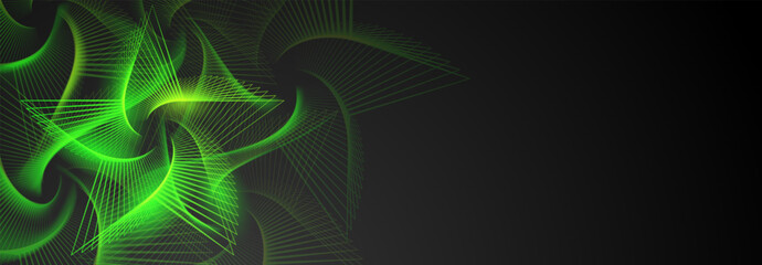 Abstract illustration with green spirograph figure in the form of star made of lines on a dark background