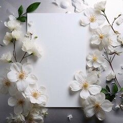 White blank card with space for your own content. Decorations made of white flowers. Valentine's Day as a day symbol of affection and love.