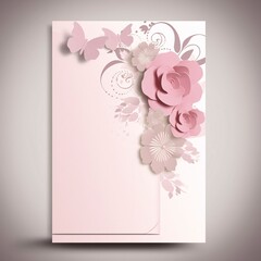 White blank card with space for your own content. Decorations made of pink flowers. Valentine's Day as a day symbol of affection and love.