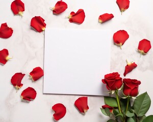 White blank card with space for your own content. All around red, roses and petals. Valentine's Day as a day symbol of affection and love.