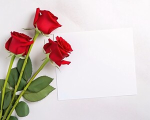 White blank card with space for your own content. Next to it red roses. Light background. Valentine's Day as a day symbol of affection and love.