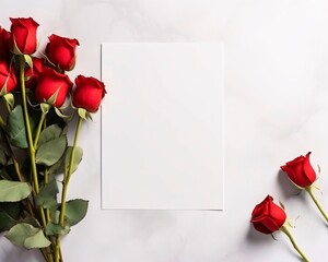 White blank card with space for your own content. Next to it a red bouquet of roses. Light background. Valentine's Day as a day symbol of affection and love.