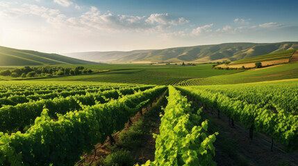 Panorama view of Green field with rows of vines. Ripe grapes for the production of fine wines.