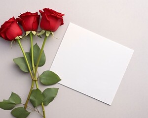 White blank card with space for your own content. Next to it red roses. Light background. Valentine's Day as a day symbol of affection and love.