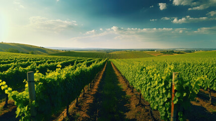 Fototapeta na wymiar Panorama view of Green field with rows of vines. Ripe grapes for the production of fine wines.