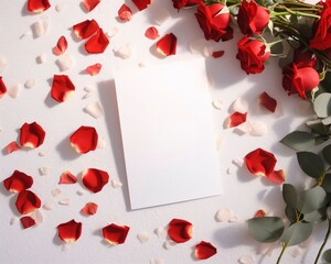 White blank card with space for your own content. All around scattered, red and white rose petals, lying bouquet of red roses. Valentine's Day as a day symbol of affection and love.