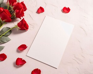 White blank card with space for your own content. Bouquet, red roses and petals light background. Valentine's Day as a day symbol of affection and love.