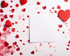 White blank card with space for your own content. All around red and pink hearts. Valentine's Day as a day symbol of affection and love.
