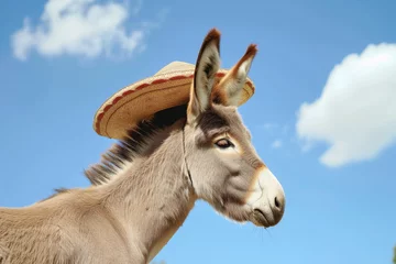 Fotobehang profile of a donkey in a sombrero against a blue sky backdrop © stickerside