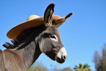 profile of a donkey in a sombrero against a blue sky backdrop