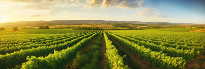 Panorama view of Green field with rows of vines. Ripe grapes for the production of fine wines.