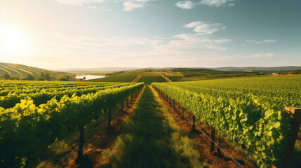 Fototapeta premium Panorama view of Green field with rows of vines. Ripe grapes for the production of fine wines.