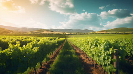 Fototapeta na wymiar Panorama view of Green field with rows of vines. Ripe grapes for the production of fine wines.