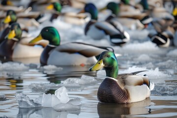 Obraz premium ice pieces floating amongst paddling ducks in pond