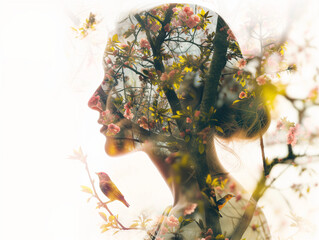 Woman's Face With a Tree in the Background, Double Exposure. Trendy wallpaper.