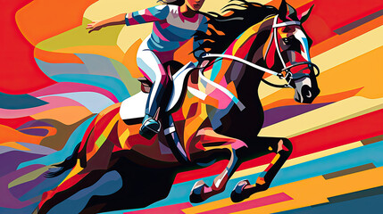 A simple multicolored illustration of a female jockey riding a galloping horse.