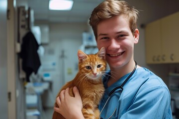 Young man vet holding cat in vet clinic