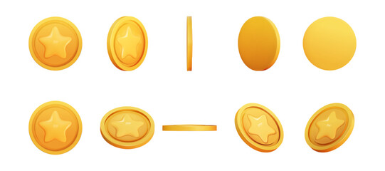 Gold Coin set 3d render different position. Game Money on white background. Coin with star for game reward and prize. Vector 3d illustration.