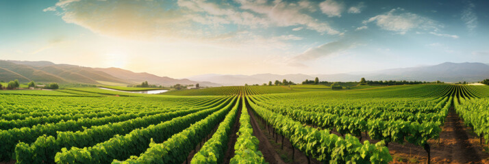 Panorama view of Green field with rows of vines. Ripe grapes for the production of fine wines.