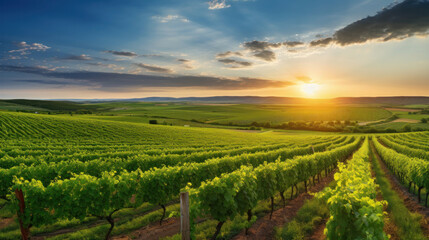 Fototapeta premium Panorama view of Green field with rows of vines. Ripe grapes for the production of fine wines.