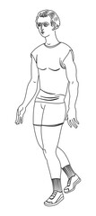 Young Man walking for cardio training exercise. Black and white. design of sketch of a teenage boy walking forward,  isolated in a white background. Useful for web, graphic design, print, card, poster