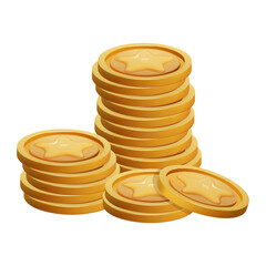 Gold Coin Stack 3d render isolated. Game Money on white background. Coin with star for game reward and prize. Vector 3d illustration.