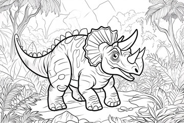Torosaurus Dinosaur Black White Linear Doodles Line Art Coloring Page, Kids Coloring Book