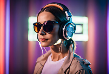 Woman with headphones wearing sunglasses