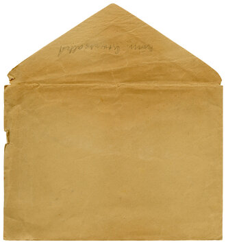 Front of open vintage antique envelope, faded and torn, brown yellowed paper with texture and pencil marks, PNG