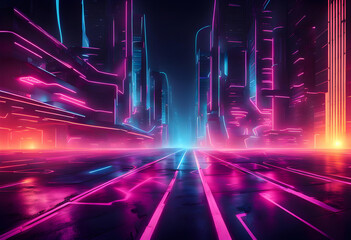 Abstract, futuristic city of concrete and neon.