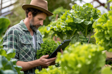 Naklejka na ściany i meble male farmer harvesting fresh vegetables on a organic vegetable farm, concept of healthy food