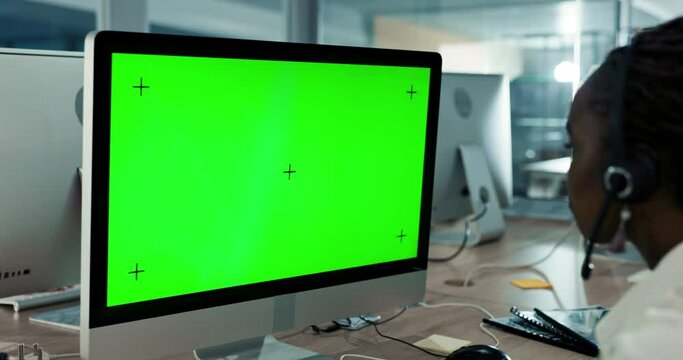 Virtual assistant, CRM or black woman on computer for green screen for communication or customer service. Research, mockup space or sales agent with telemarketing, consulting or chroma key in office