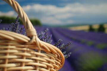 Fototapeta premium basket closeup, lavender field stretching out below