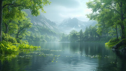Quiet and calm landscape background with a lake and a forest against a pure natural sky