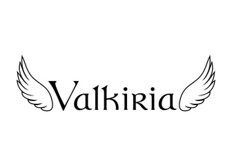 Mitología nórdica. Logo con palabra Valkiria en español con alas